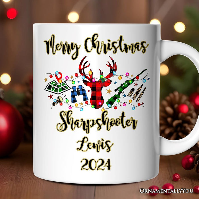 Personalized Mug Buffalo Plaid Hunting Theme Christmas, Hunter Gift, Red and Green Deer and Gun Personalized Ceramic Mug OrnamentallyYou 12oz Mug Customized