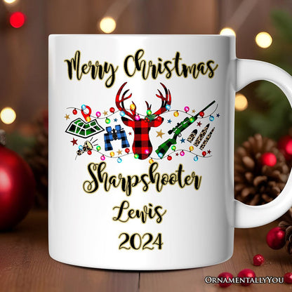 Personalized Mug Buffalo Plaid Hunting Theme Christmas, Hunter Gift, Red and Green Deer and Gun Personalized Ceramic Mug OrnamentallyYou 12oz Mug Customized