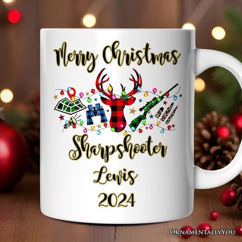 Personalized Mug Buffalo Plaid Hunting Theme Christmas, Hunter Gift, Red and Green Deer and Gun Personalized Ceramic Mug OrnamentallyYou 12oz Mug Customized