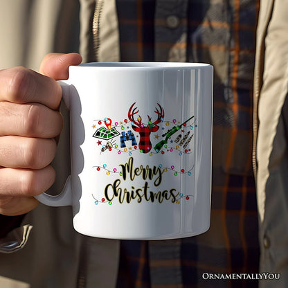 Personalized Mug Buffalo Plaid Hunting Theme Christmas, Hunter Gift, Red and Green Deer and Gun Personalized Ceramic Mug OrnamentallyYou