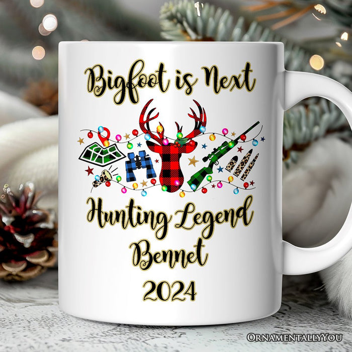 Personalized Mug Buffalo Plaid Hunting Theme Christmas, Hunter Gift, Red and Green Deer and Gun Personalized Ceramic Mug OrnamentallyYou