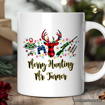 Personalized Mug Buffalo Plaid Hunting Theme Christmas, Hunter Gift, Red and Green Deer and Gun Personalized Ceramic Mug OrnamentallyYou