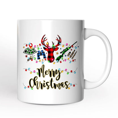 Personalized Mug Buffalo Plaid Hunting Theme Christmas, Hunter Gift, Red and Green Deer and Gun Personalized Ceramic Mug OrnamentallyYou 12oz Mug Non-Custom