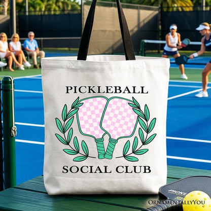 Pickleball Social Club Tote Bag, Cute Retro Girly Sporty Gift Shopper Tote Bag OrnamentallyYou Black Handle