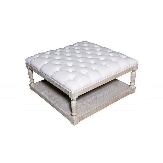 Pierre White Tufted Linen Ottoman with Wood Base