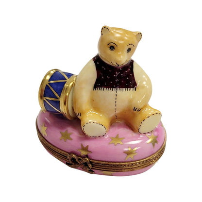 Pink Teddy Bear with Drum Porcelain Limoges Teddy xmas French Trinket Box