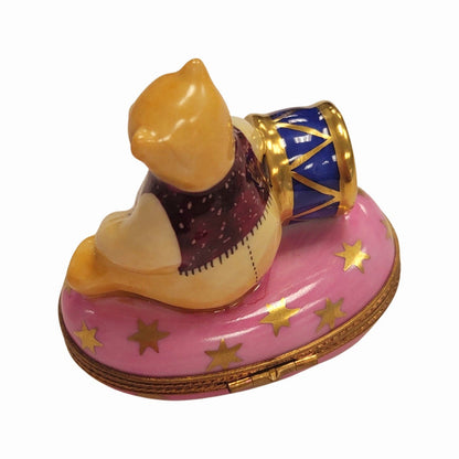 Pink Teddy Bear with Drum Porcelain Limoges Teddy xmas French Trinket Box