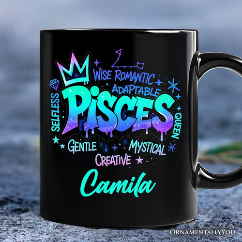 Pisces Graffiti Zodiac Personalized Mug, Street Style Astrology Horoscope Gift with Custom Name Personalized Ceramic Mug OrnamentallyYou Black Customized