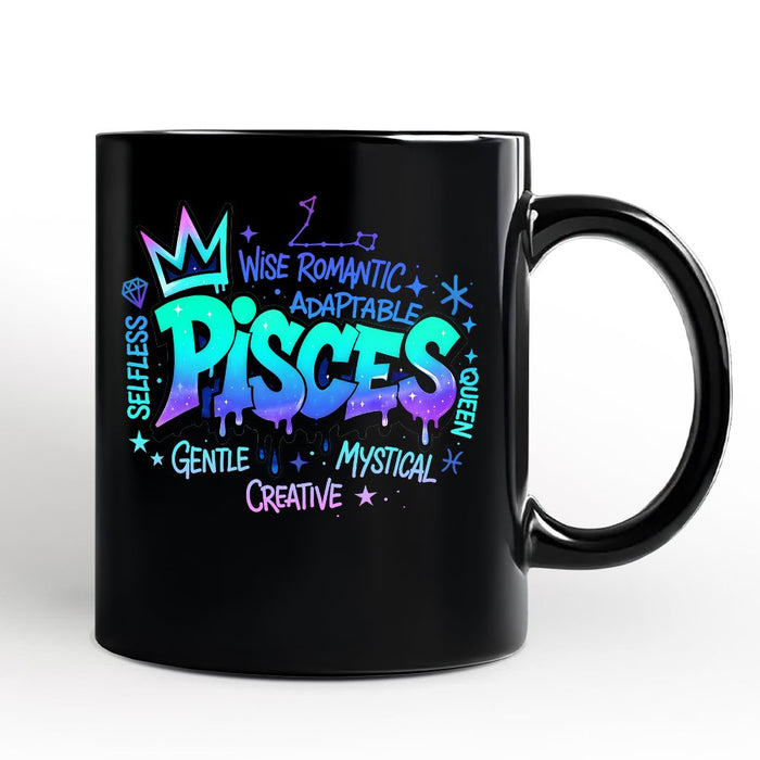 Pisces Graffiti Zodiac Personalized Mug, Street Style Astrology Horoscope Gift with Custom Name Personalized Ceramic Mug OrnamentallyYou Black Non-Custom