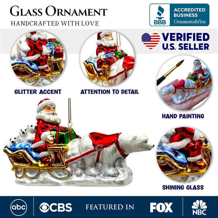 Polar Bear Santa Sleigh Glass Christmas Ornament, Exquisite Handblown Tree Decor Glass Ornament OrnamentallyYou