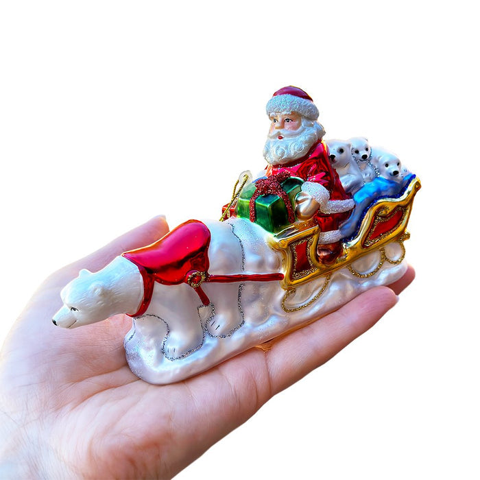 Polar Bear Santa Sleigh Glass Christmas Ornament, Exquisite Handblown Tree Decor Glass Ornament OrnamentallyYou