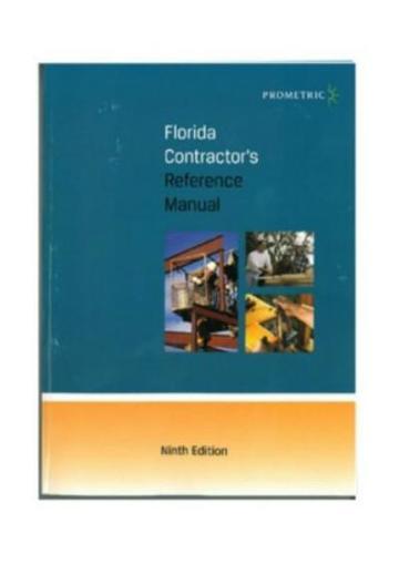 Blue and orange Florida Contractor’s Reference Manual ninth edition with photos of workers and construction equipment on cover