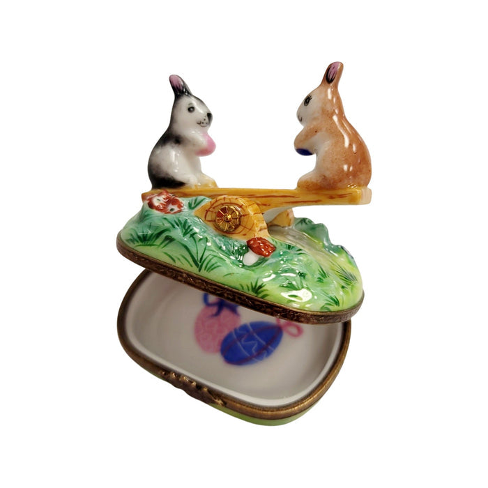 Playful Rabbit See-Saw Delight Porcelain Limoges rabbit mice mouse French Trinket Box