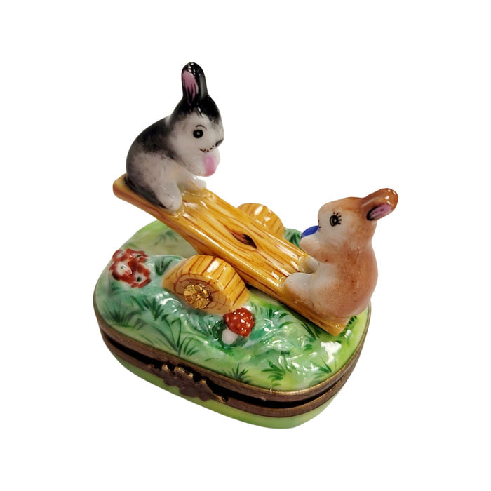 Playful Rabbit See-Saw Delight Porcelain Limoges rabbit mice mouse French Trinket Box