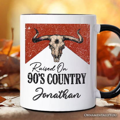 Raised On 90s Country Personalized Mug, Vintage Bull Skull Gift with Custom Name Personalized Ceramic Mug OrnamentallyYou Black Handle Customized