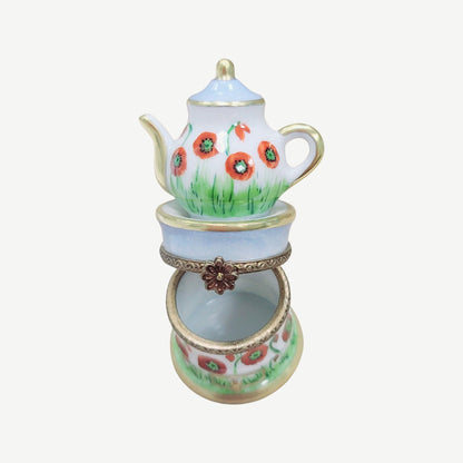Elegant Red Flower Teapot Porcelain Limoges China French Trinket Box