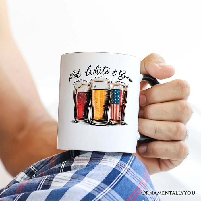 Red White and Brew Beer American Personalized Mug, Patriotic USA 4th of July Gift with Custom Name Personalized Ceramic Mug OrnamentallyYou