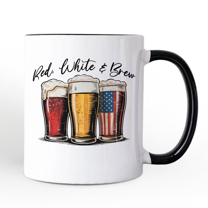 Red White and Brew Beer American Personalized Mug, Patriotic USA 4th of July Gift with Custom Name Personalized Ceramic Mug OrnamentallyYou Black Handle Non-Custom