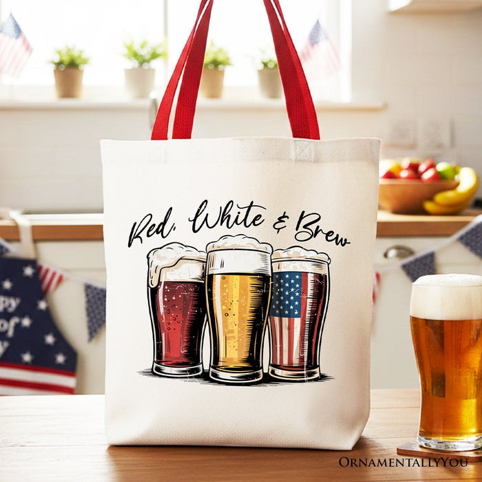 Red White and Brew Beer American Tote Bag, Patriotic USA 4th of July Gift Shopper Tote Bag OrnamentallyYou Red Handle