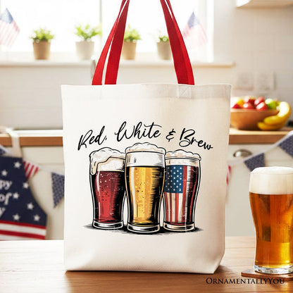 Red White and Brew Beer American Tote Bag, Patriotic USA 4th of July Gift Shopper Tote Bag OrnamentallyYou Red Handle