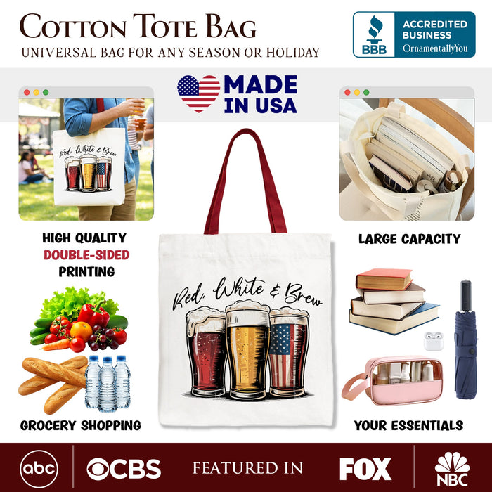 Red White and Brew Beer American Tote Bag, Patriotic USA 4th of July Gift Shopper Tote Bag OrnamentallyYou