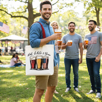 Red White and Brew Beer American Tote Bag, Patriotic USA 4th of July Gift Shopper Tote Bag OrnamentallyYou