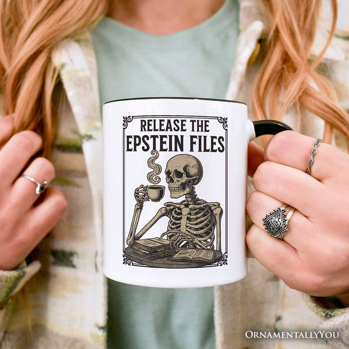 Release the Epstein Files Skeleton Personalized Mug, Dark Humor Transparency Protest Gift with Custom Name OrnamentallyYou