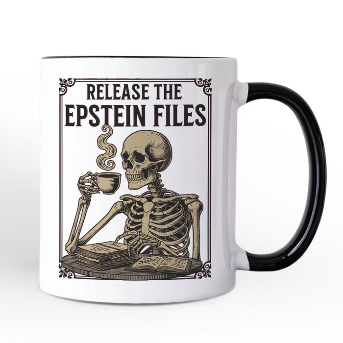 Release the Epstein Files Skeleton Personalized Mug, Dark Humor Transparency Protest Gift with Custom Name OrnamentallyYou Black Handle Non-Custom