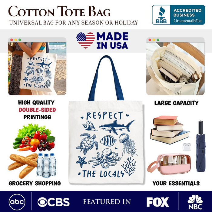 Respect the Locals Ocean Animals Canvas Tote Bag, Cute Vacation Gift Shopper Tote Bag OrnamentallyYou