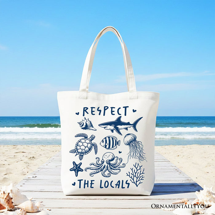 Respect the Locals Ocean Animals Canvas Tote Bag, Cute Vacation Gift Shopper Tote Bag OrnamentallyYou White