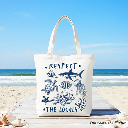 Respect the Locals Ocean Animals Canvas Tote Bag, Cute Vacation Gift Shopper Tote Bag OrnamentallyYou White