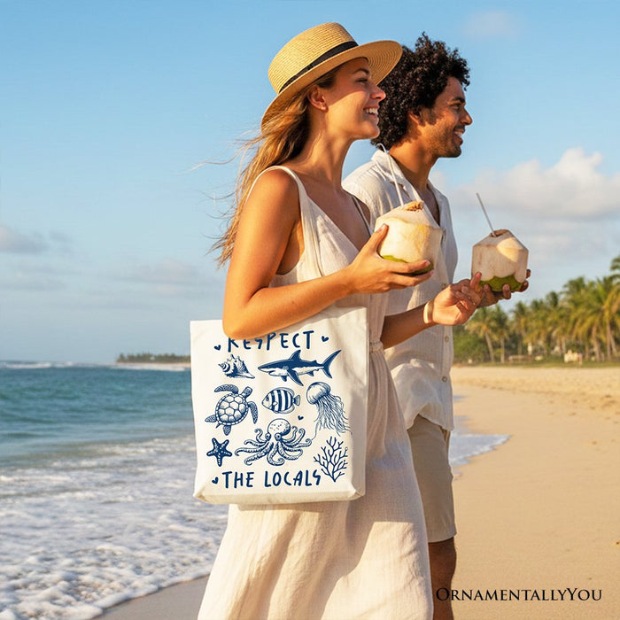 Respect the Locals Ocean Animals Canvas Tote Bag, Cute Vacation Gift Shopper Tote Bag OrnamentallyYou