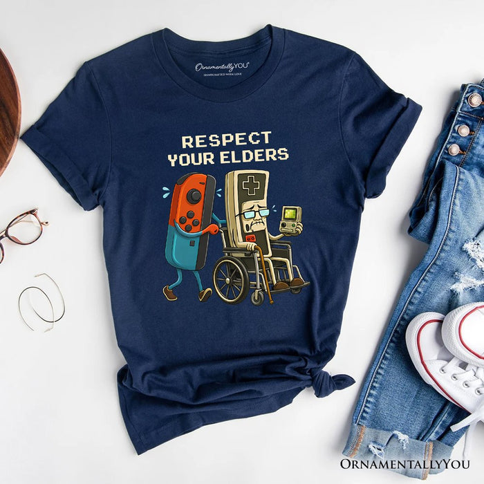 Respect Your Elders Gaming Controller T-Shirt, Old School Gamer Humor Tee T-Shirts OrnamentallyYou Navy XS