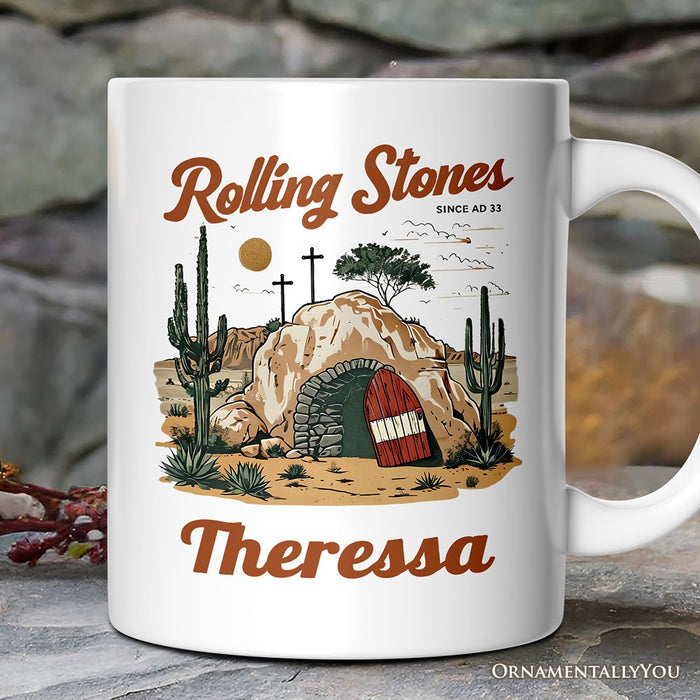 Rolling Stones Christian Personalized Mug, He is Risen Easter Gift with Custom Name Personalized Ceramic Mug OrnamentallyYou White Customized