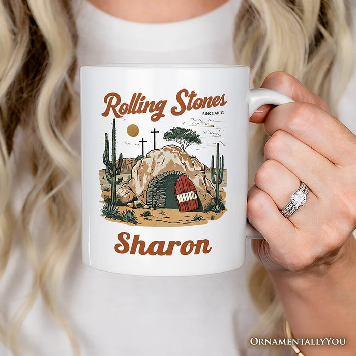 Rolling Stones Christian Personalized Mug, He is Risen Easter Gift with Custom Name Personalized Ceramic Mug OrnamentallyYou