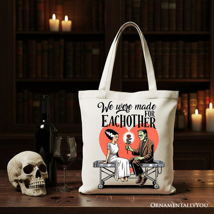 Romantic Frankenstein and Bride Canvas Tote Bag, We Were Made for Each Other Gift Bag for Spooky Couples Tote Bag OrnamentallyYou White