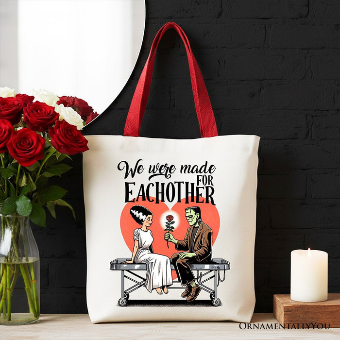 Romantic Frankenstein and Bride Canvas Tote Bag, We Were Made for Each Other Gift Bag for Spooky Couples Tote Bag OrnamentallyYou Red Handle