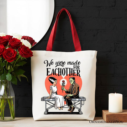 Romantic Frankenstein and Bride Canvas Tote Bag, We Were Made for Each Other Gift Bag for Spooky Couples Tote Bag OrnamentallyYou Red Handle