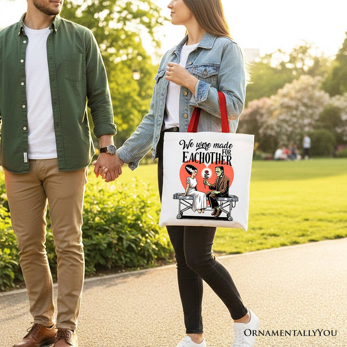 Romantic Frankenstein and Bride Canvas Tote Bag, We Were Made for Each Other Gift Bag for Spooky Couples Tote Bag OrnamentallyYou