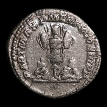 Rome, Emperor Septimius Severus, AR Denarius, War Trophy Reverse - 202 CE - Roman Empire