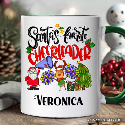 Santa’s Favorite Cheerleader Christmas Personalized Mug, Sports Appreciation Gift with Custom Name Personalized Ceramic Mug OrnamentallyYou White - Green Customized