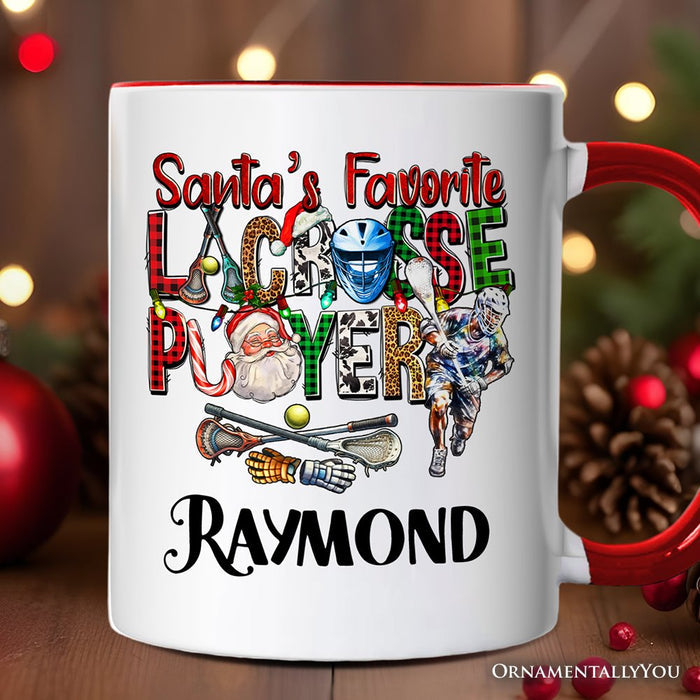 Santa’s Favorite Lacrosse Player Personalized Mug, Plaid Christmas Athlete Gift with Custom Name Personalized Ceramic Mug OrnamentallyYou White - Red Customized