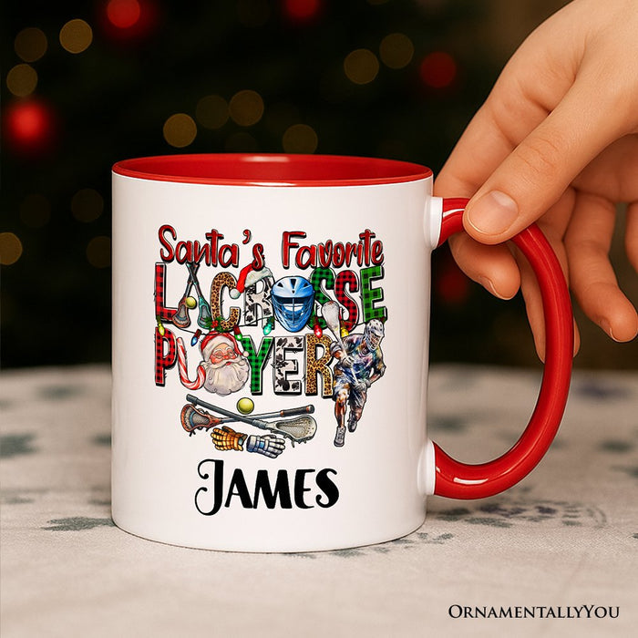 Santa’s Favorite Lacrosse Player Personalized Mug, Plaid Christmas Athlete Gift with Custom Name Personalized Ceramic Mug OrnamentallyYou