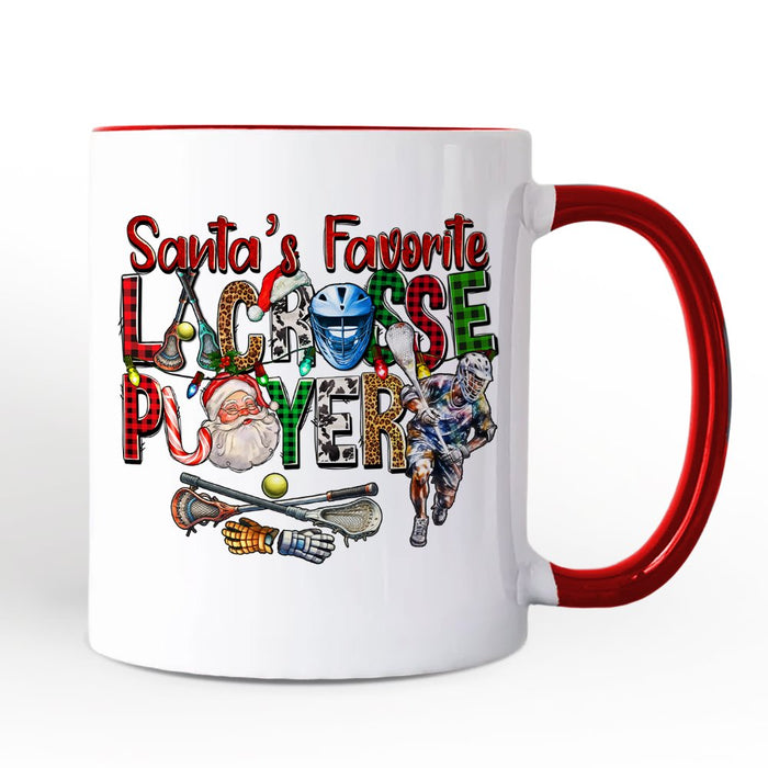 Santa’s Favorite Lacrosse Player Personalized Mug, Plaid Christmas Athlete Gift with Custom Name Personalized Ceramic Mug OrnamentallyYou White - Red Non-Custom