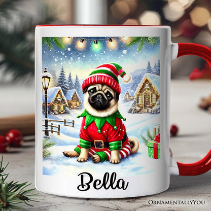 Santa's Little Helper Pug Elf Personalized Mug, Whimsical Canine Christmas Gift with Custom Name Personalized Ceramic Mug OrnamentallyYou White - Red Customized