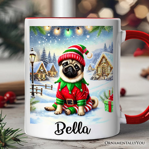 Santa's Little Helper Pug Elf Personalized Mug, Whimsical Canine Christmas Gift with Custom Name Personalized Ceramic Mug OrnamentallyYou White - Red Customized