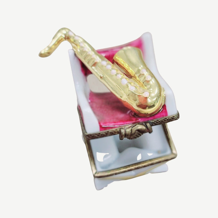 Saxophone Charm on Chair Porcelain Limoges Music furniture French Trinket Box