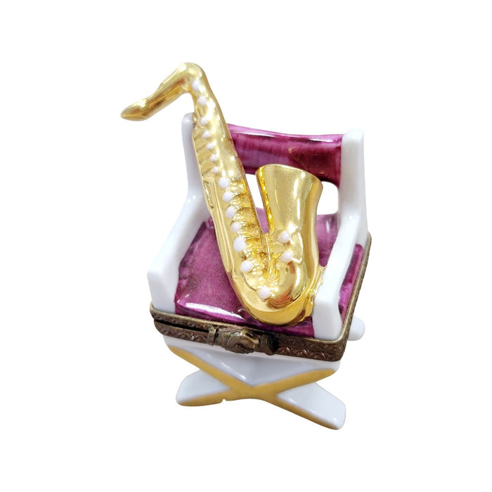 Saxophone Charm on Chair Porcelain Limoges Music furniture French Trinket Box