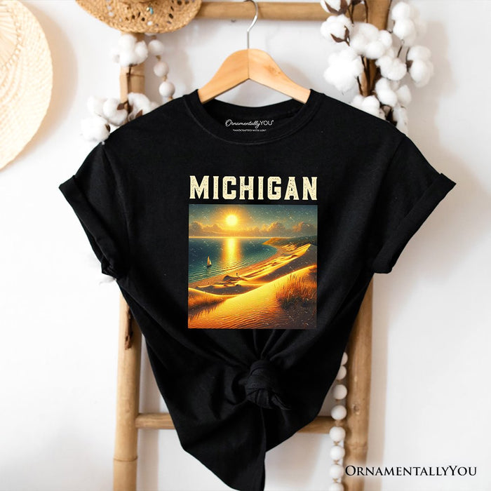 Scenic Michigan State Sleeping Bear Dunes T-Shirt, Great Lakes Sunset Tee and Coastal Souvenir T-Shirts OrnamentallyYou Black XS