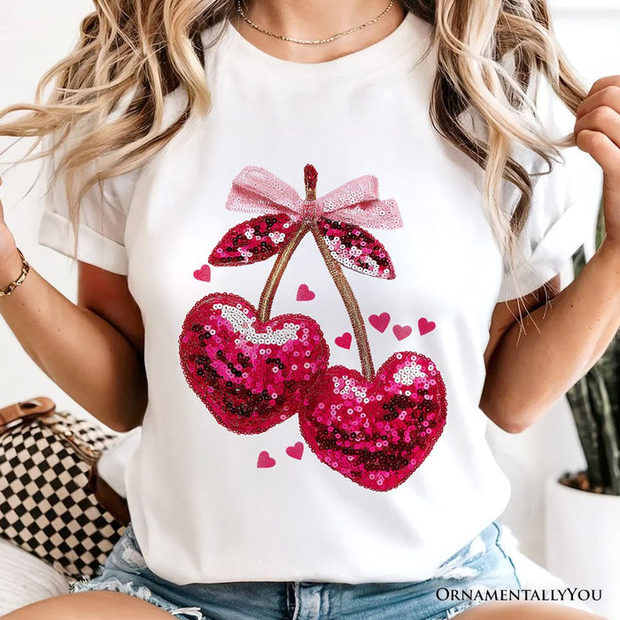 Sequin Pink Cherry Heart Valentine T-Shirt, Mood for Love Coquette Tee T-Shirts OrnamentallyYou